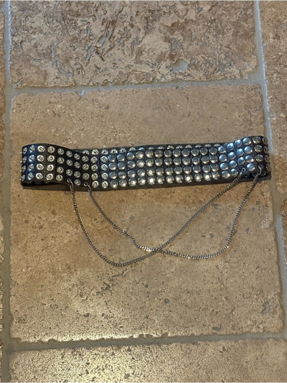 Vintage Dark Brown 4 Row Silver Studded Chain Y2K Belt Punk Festival One Size